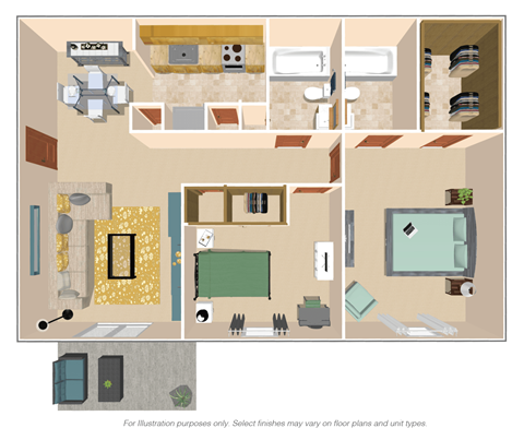2 Bedroom 1 Bath Floor Plan at Crestbrook Apartments & Townhomes, Kentucky
